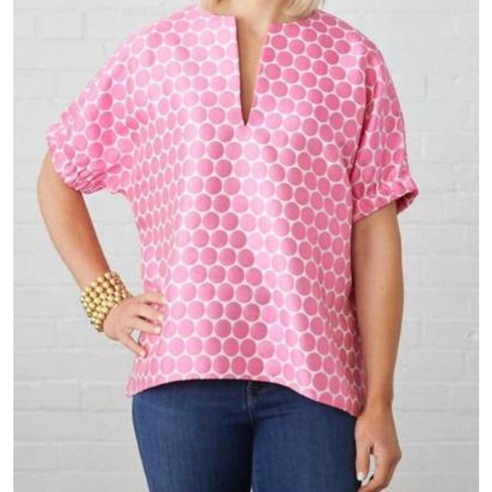 Caryn Lawn Betsy Top Pink Jacquard Polka Dot Blouse V-Neck One Size OS FM